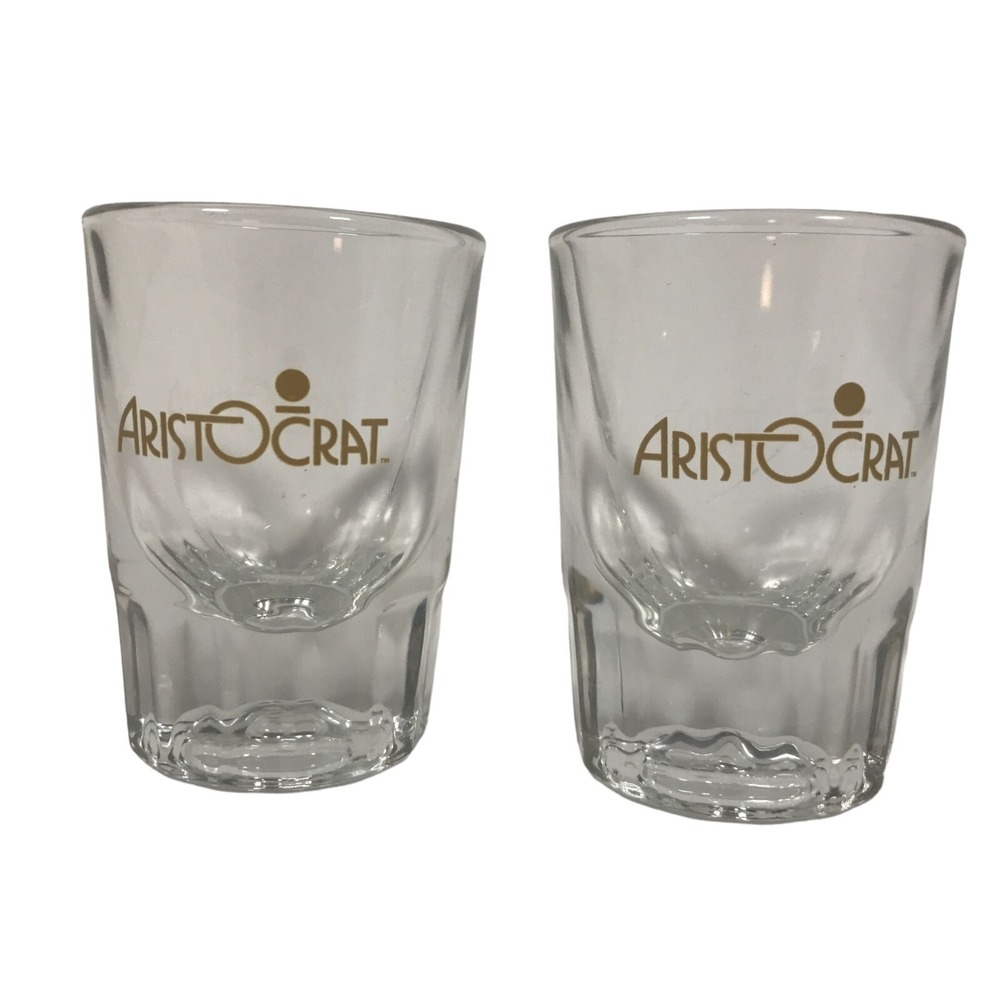 Aristocrat Vodka Shot Glasses Set of 2 Gold Logo Clear Fluted Base Barware